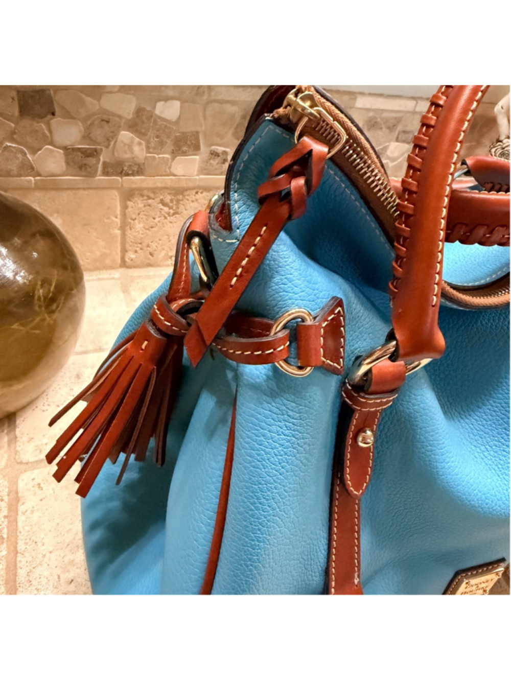Dooney & Bourke Pebble Leather Large Satchel Sky Blue Brown Tassel Shoulder Bag - Picture 11 of 15